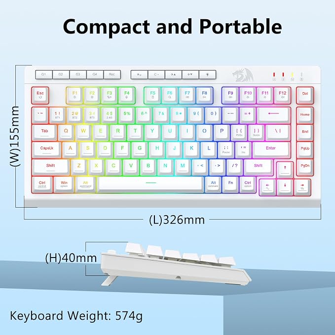 Redragon Wireless Gaming Keyboard, Portable 75% Compact,RGB Backlit, White | Bluetooth/2.4GHz/USB-C Wired, Mini Quiet Macro Membrane Keyboard, Rechargeable 4000mAh Battery, Anti-Ghosting for Win/MAC