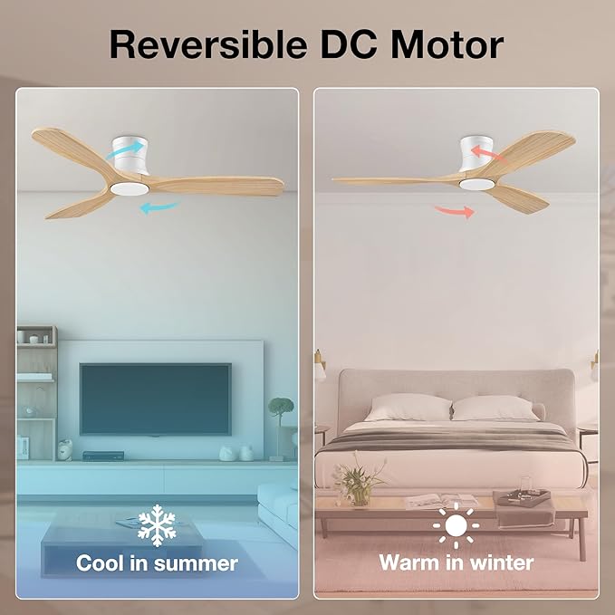Smart 52” Wood Flush Mount Ceiling Fans with Lights and Remote,Quiet DC Motor,Outdoor Indoor Ultra Low Profile Ceiling Fan works with Alexa WIFI APP,Modern White Ceiling Fan for Bedroom Patio