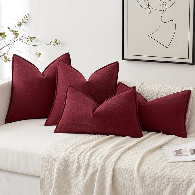 MIULEE Pack of 2 Burgundy Decorative Chenille Pillow Covers 18x18 Inch | Soft Couch Throw Pillows,Farmhouse Cushion Covers with Elegant Design for Sofa,Bedroom,Living Room,Spring Home Decor