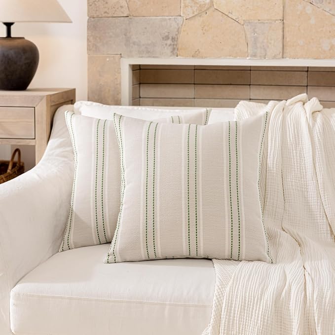 Hckot Striped Throw Pillow Covers 20x20 Set of 2 Grass Green Pillow Covers | Farmhouse Decorative Pillows Textured Linen Square Cushion Covers for Sofa Couch Bed Living Room Decor(Grass Green)