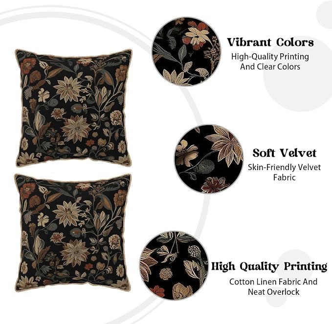 KSLIDS Vintage Floral Brown Black Soft Velvet Throw Pillow Covers Set of 2 Retro Boho Flower Leaves Decorative Pillow Covers 16x16 Inch Bohemian Pillow Case for Sofa Couch Farmhouse Home Decor