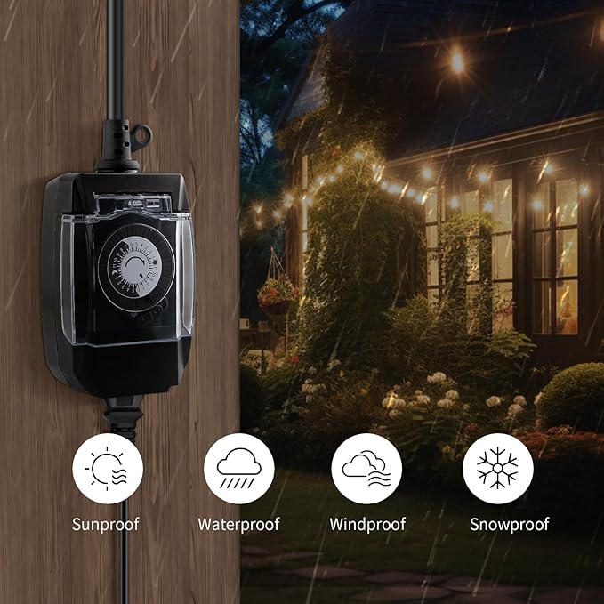 Outdoor Timer Outlet Waterproof, 24 Hour Mechanical Timer Outlet for Home and Garden, Single Grounded, 15A 3/4HP, Black, 2 Pack