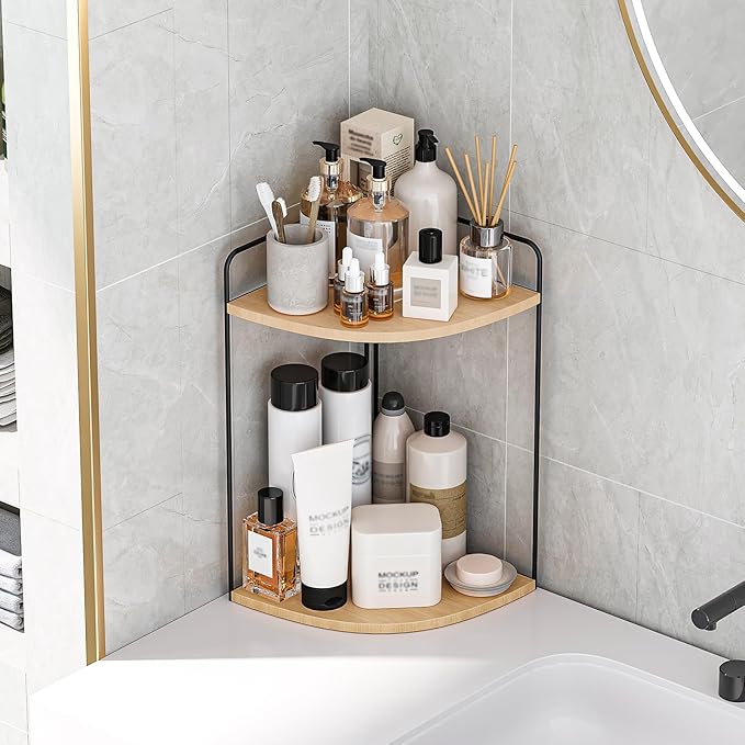 Forest Angle Bathroom Counter Organizer,Countertop Organizer,Vanity Organizers,Bathroom Storage,Bathroom Sink Caddy,Counter Shelf,Corner Counter,Corner Shelves(Black-Burlywood)