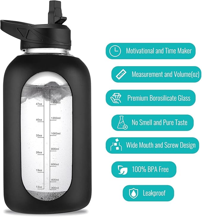 32 oz Glass Water Bottle with Straw and Handle, Sports Motivational Water Flask with Silicone Sleeve, Large Leakproof Water Flask Cup with Time Marker for Travel, Gym, Dark Blue
