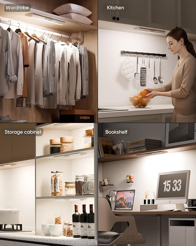 Motion Sensor Closet Lights, Eye Protection Design Cabinet Lighting Wireless with Remote, 3 Color Temps & Dimmable, Magnetic, Rechargeable LED Closet Lighting for Kitchen, Wardrobe, Pantry, 3 Pack
