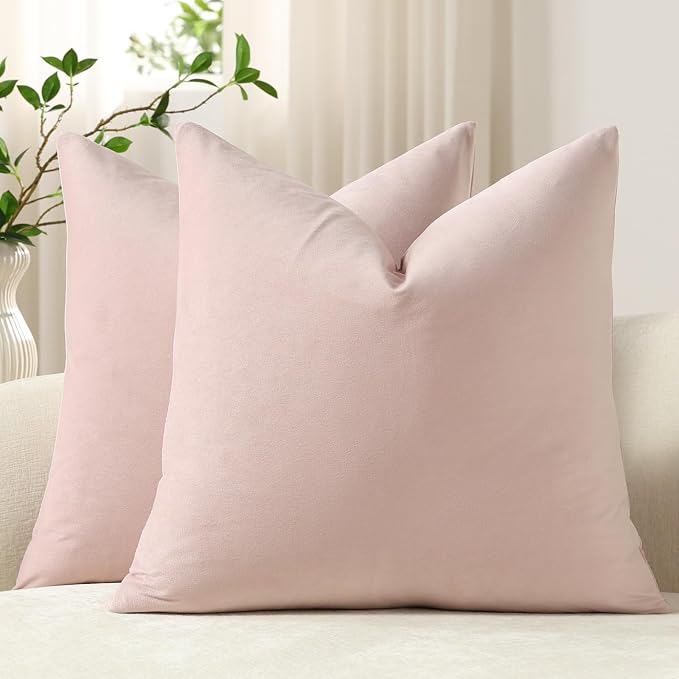 Throw Pillow Covers 18x18 Light Pink: Pack of 2 Cozy Soft Velvet Square Modern Luxury Decorative Throw Pillow Cases for Sofa Couch Living Room Bed Home Decor