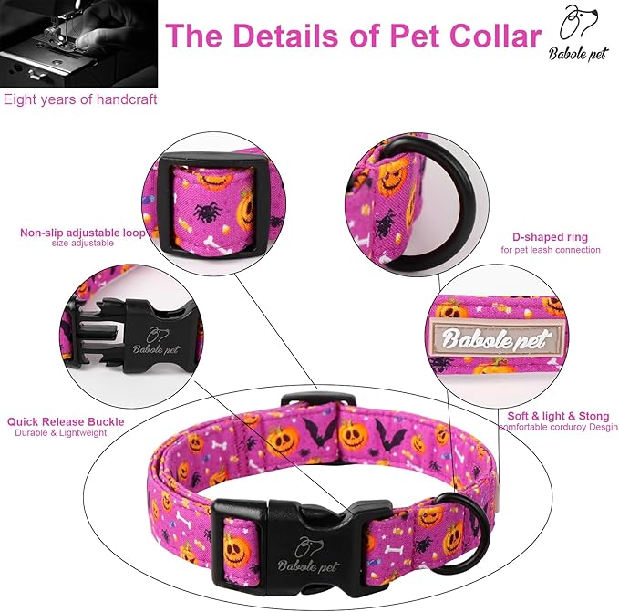 Halloween Dog Collar, Cute Pumpkin Bat Pattern Halloween Purple Puppy Collar, Soft Adjustable Cotton Dog Collars for Small Medium Large Boy&Girl Dogs XL