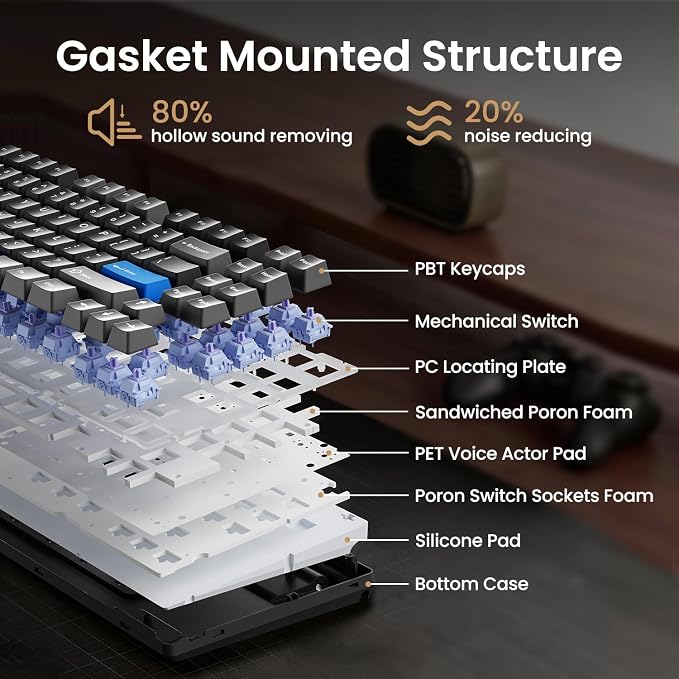 Kisnt KN85 Wireless Mechanical Keyboard, 75% Layout, Bluetooth/2.4GHz/USB-C, Custom RGB Backlit, Hot-Swappable Linear Switch, Creamy Sound for Gaming/Typing (Textured Black)