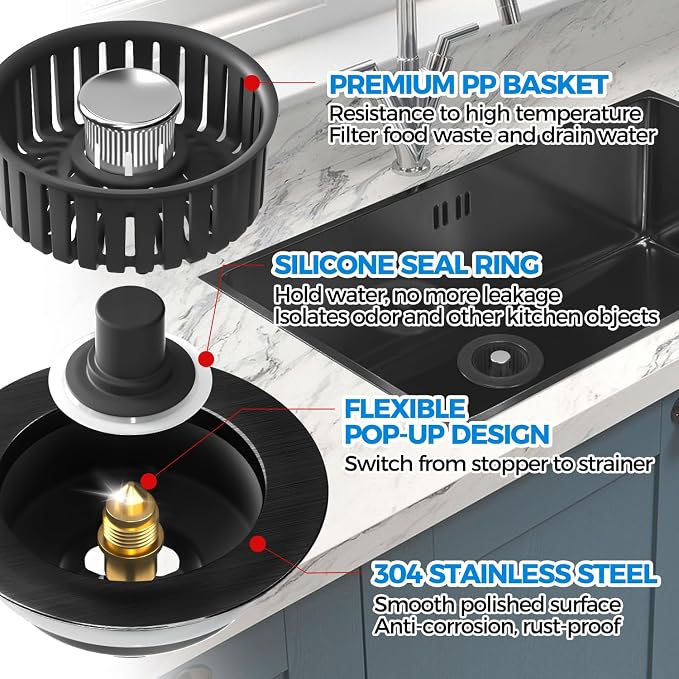 zaa 3 in 1 Kitchen Sink Drain Strainer Stopper Removable Basket Pop-Up | Kitchen Sink Accessories 1 Pack All Black Stainless - Food Catcher, Odor-Blocking Seal, Fits 3.5" Drain