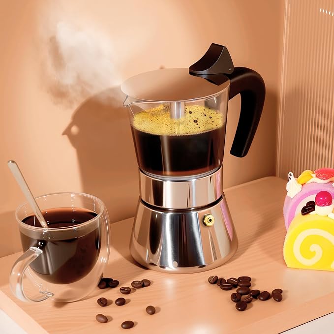 4 Cup 200ml Glass Moka Pot, Stovetop Espresso Maker, Silver | Crystal Glass-top & Stainless Steel Coffee Maker, Induction Compatible, for Greca de Cafe, Cuban and Italian Coffee Brewing