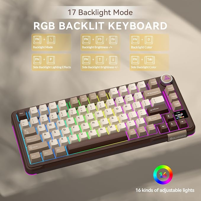 SOLAKAKA A75 PRO 75% Wireless Mechanical Keyboard with Screen and Knob, Tri-Mode Hot Swappable Gaming Keyboard, RGB Backlit Gasket Creamy Pre-lubed PBT Computer Keyboard for PC/Mac/Win,Brown