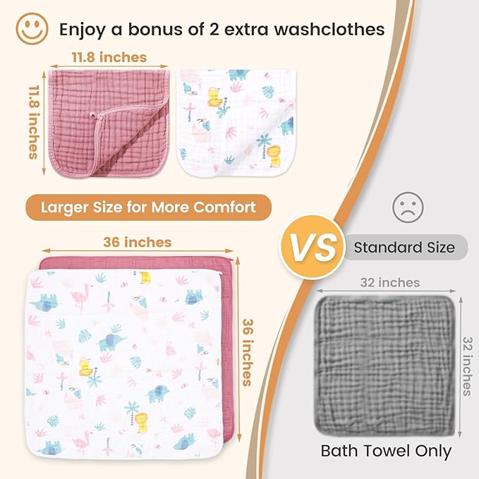 Hooded Baby Towels for Newborn, 2 Pack 36x36 Inch Muslin Cotton Baby Bath Towel and 12x12 Inch Washcloth Set with Hood for Babies, Toddler and Kids, Essentials Must Haves (Grey and Green)