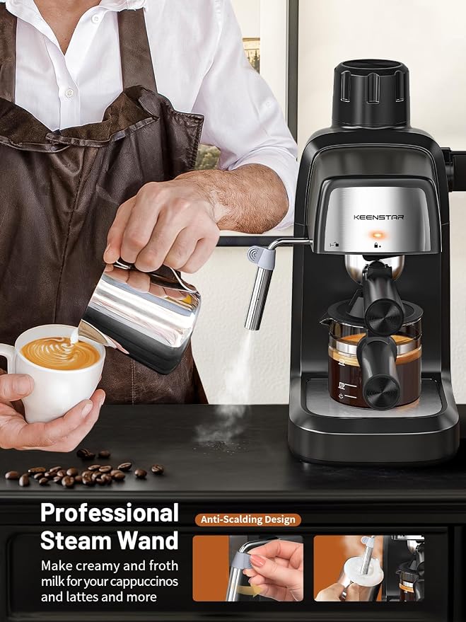 KEENSTAR 3.5Bar Espresso Machine 800W, Compact 4-Cup Espresso Maker Preheat | Fast Heating, Milk Frother Steam Wand, Espresso and Cappuccino Machine for Cappuccino or Latte Black