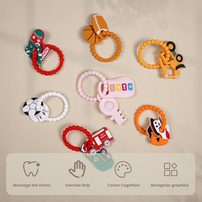 Silicone Baby Ring Toy with Fire Truck,Garbage Truck Teethers,Must Haves Teething Relief Chew Toys for 0-6,6-12 Months Boys and Girls,Newborns Essentials,Safe and Soft,BPA Free.