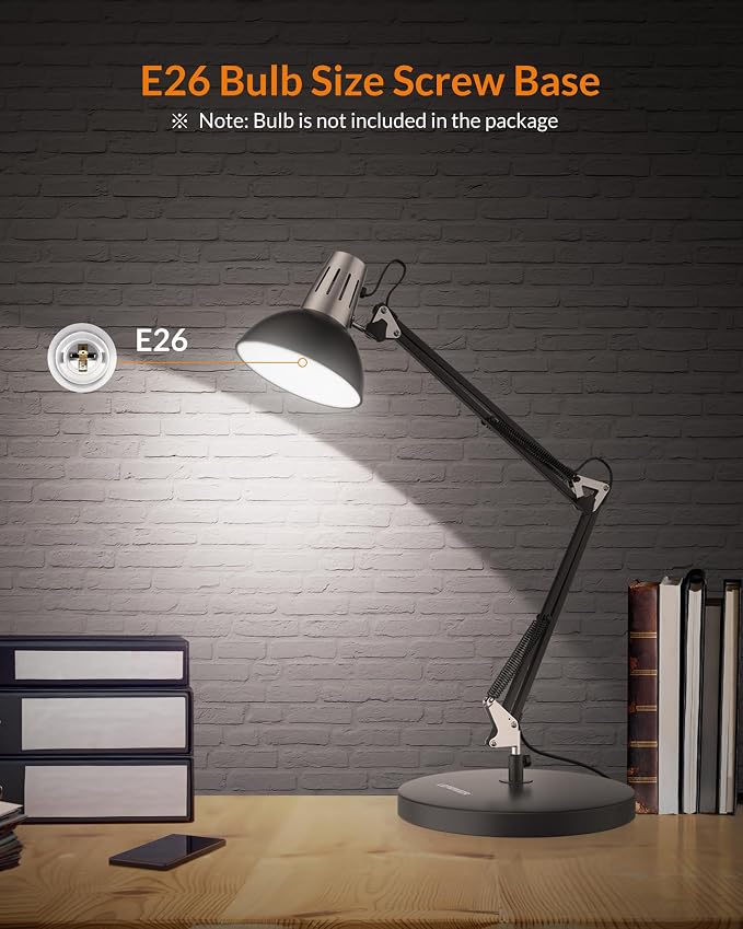 LEPOWER Metal Adjustable Desk Lamp with Clamp, Swing Arm for Home Office | Gooseneck, Architect Style, Eye-Caring Table Lamp, On/Off Switch, E26 Base, Reading for Dorm, Bedroom, Study, Back to School