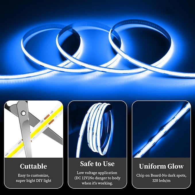 iNextStation 6.6ft 2M Blue COB LED Strip Light, 5V USB 640LEDs COB LED Strip with Dimmer, CRI 93+, Flexible COB LED Tape Lights for TV Backlight, Bedroom, Mirror, Wardrobe, Home Decor