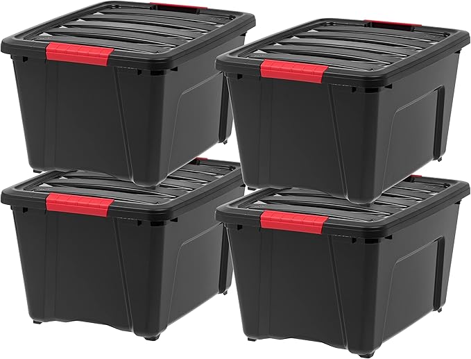 IRIS USA 30 L (32 QT) Plastic Storage Box with Lid and Latches - 4 Pack - BPA-Free, Garage Organizing Solution, Durable Nestable Stackable Containers, Secure Pull Handle - Black