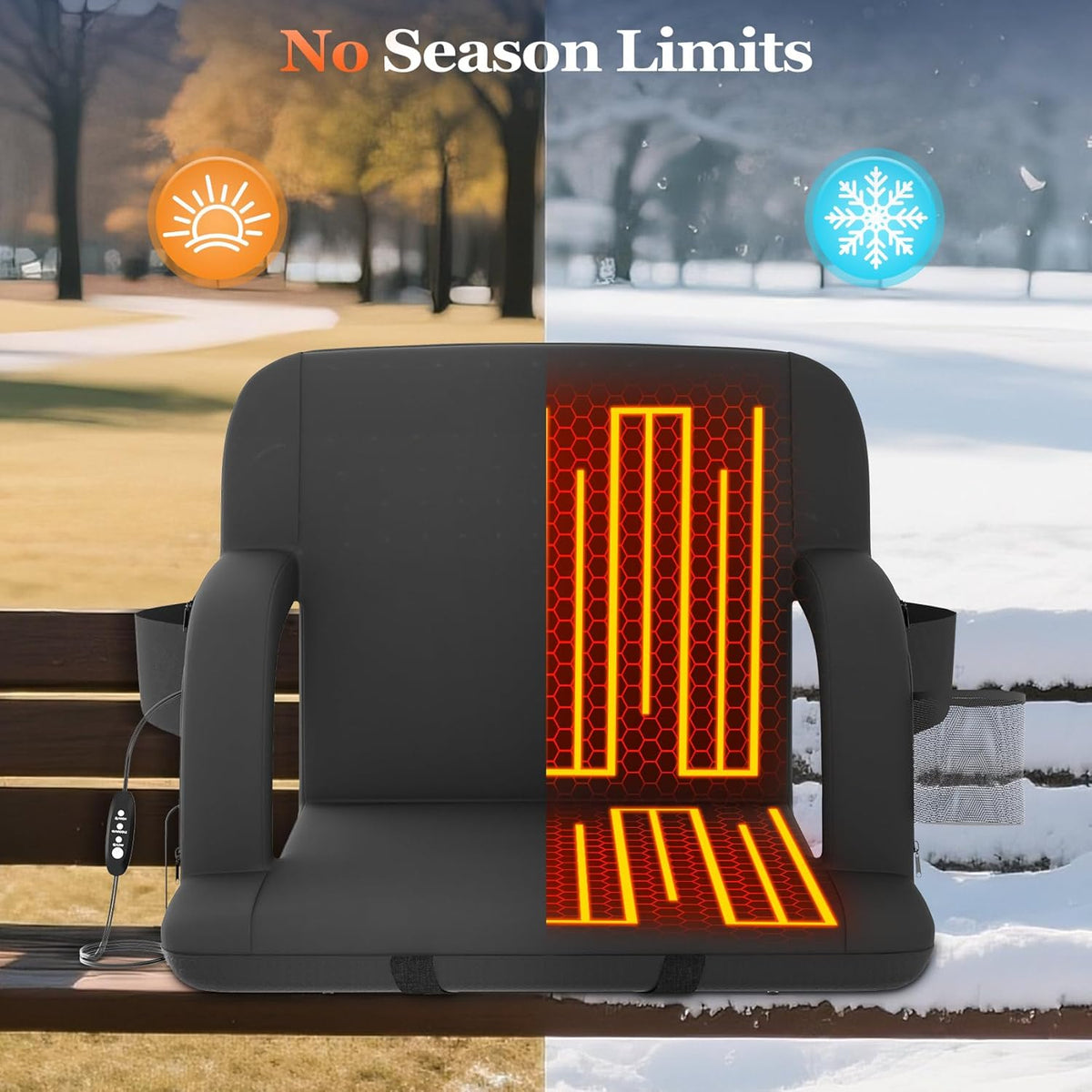 Seeutek Heated Stadium Seats - Portable Bleacher Chairs with Back Support & USB Heating | 21in, 5 Pockets