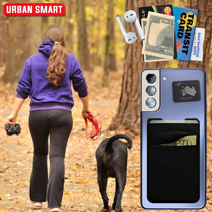 Phone Wallet Double Pocket Gecko - Adhesive Card Holder - Cell Phone Pouch - Stick on Spandex Pocket by Gecko - Carry Credit Cards and Cash (BLACK-BLANK-)