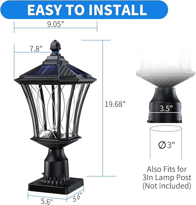 19.6" Solar Post Lights, Dusk to Dawn Outdoor Post Lights Solar Lamp Post Light, Black Pole Lights Outdoor with Pier Mount Base, Waterproof Outdoor Lamp Post for Yard FrontDoor Pathway Garage, 1 Pack