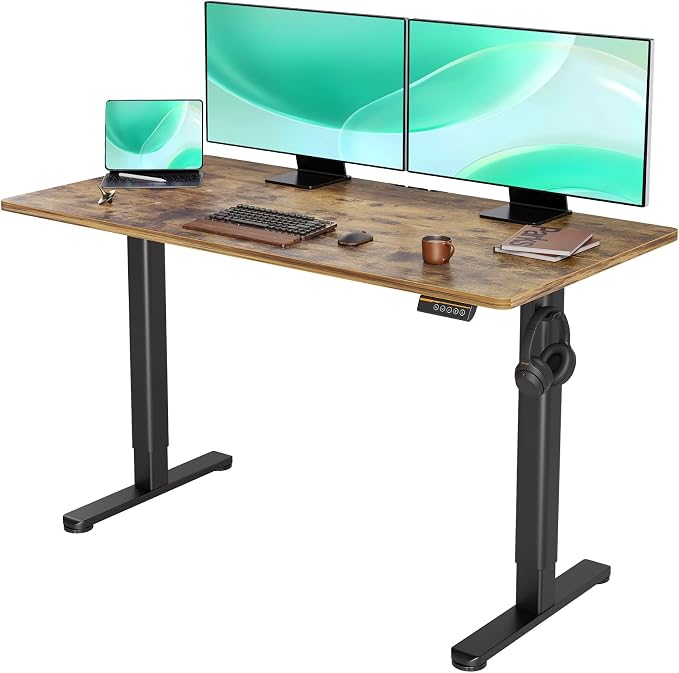 YDN 55 x 24 Inch Vintage Brown Electric Standing Desk | Adjustable Height, Sit Stand, Cable Management, Ergonomic, Home Office