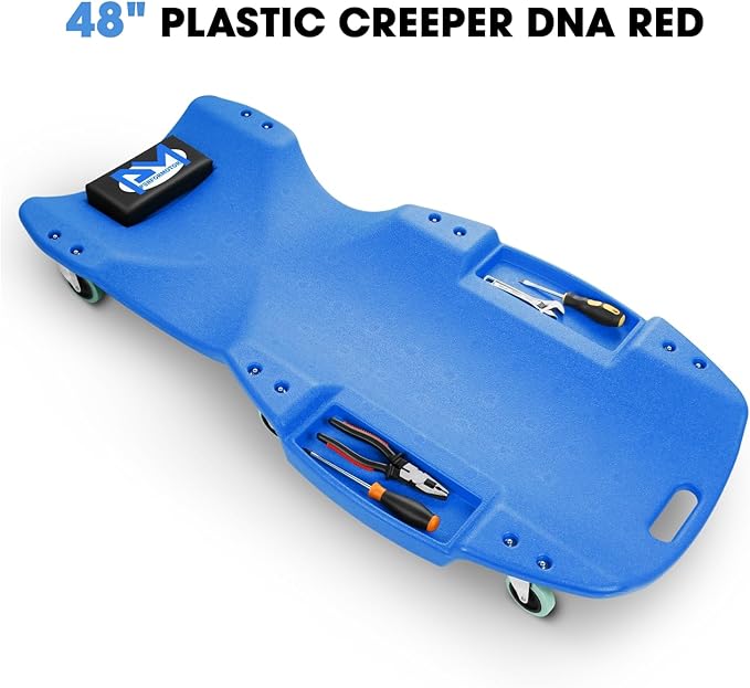PM PERFORMOTOR Inches Heavy-Duty Low-Profile Roller Automotive Creeper with Padded Headrest, Blue, PM-TOL-CPC48-BL