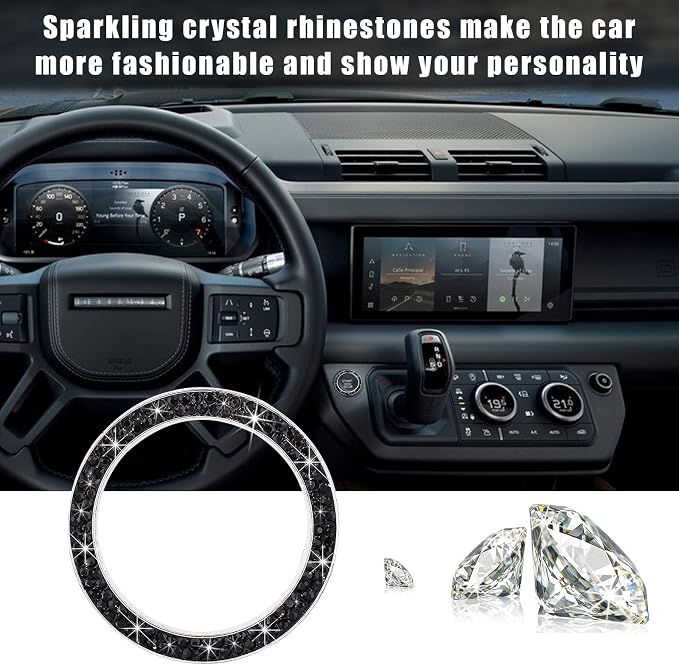 Kewucn Bling Crystal Double Rhinestone Car Engine Start Decoration Ring, Sparkling Push Start Button Sticker, Key Ignition & Knob Ring Decoration, Bling Car Interior Accessory (Black)