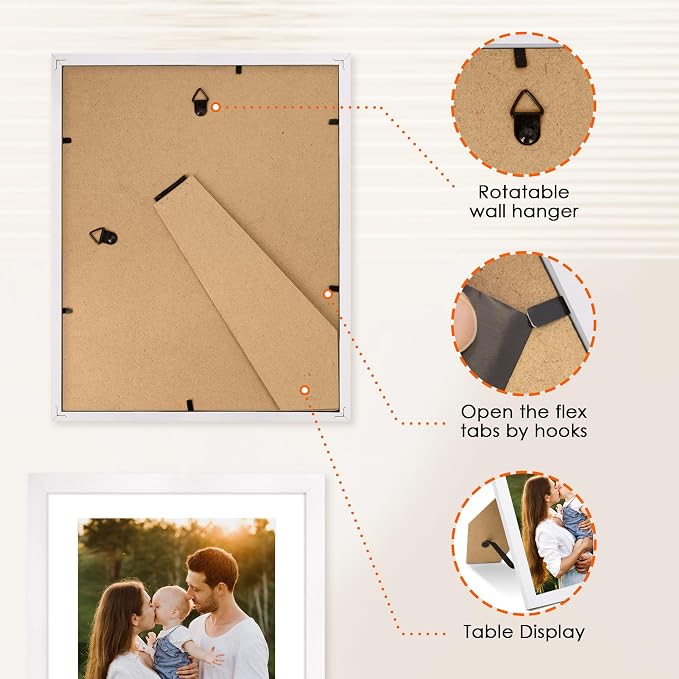 8x10 Picture Frame Bulk-6 Pack, Photo Frame with HD Plexiglass, Display Pictures 5x7 with Mat or 8x10 Without Mat, White Picture Frames Collage Wall Decor, Wall & Tabletop Picture Frames