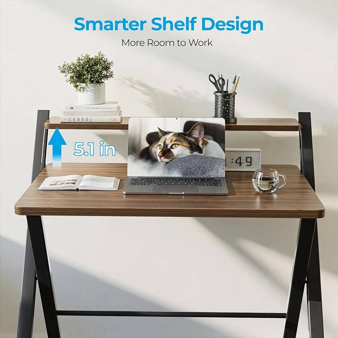 GreenForest Folding Desk No Assembly, Sturdy Computer Desk for Small Spaces | Portable Foldable Table for Laptop, 2-Tier Compact with Shelf, Space Saving for Home Office, Dorm, Apartment, 24"x 30" Walnut