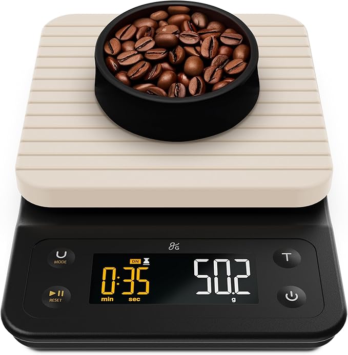 Greater Goods Coffee Scale with Timer – 0.1g Precision Digital Coffee & Espresso Scale for Pour-Over, Coffee Bean Weighing, Barista Brewing, Waterproof Cover, 3kg Capacity (Birch White)