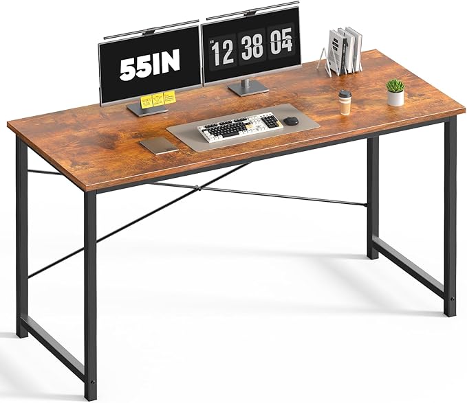 DUMOS 55 Inch Small Computer Desk, Gaming Desks for Home Office Bedroom | Modern Study Writing Work Table, Craft PC Desk Simple Workstation with Reinforcement Structure, Rustic Brown