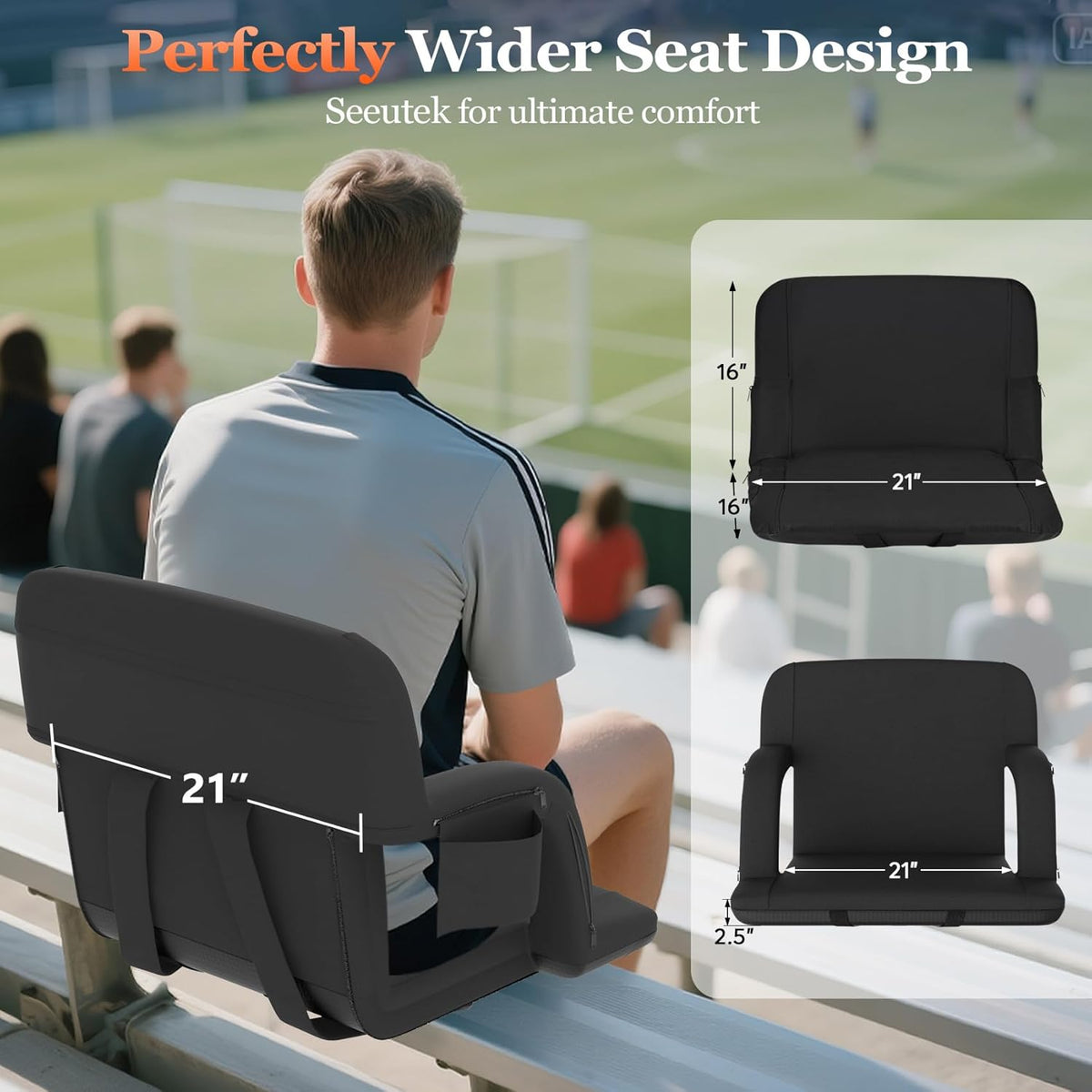 Seeutek Heated Stadium Seats - Portable Bleacher Chairs with Back Support & USB Heating | 21in, 5 Pockets