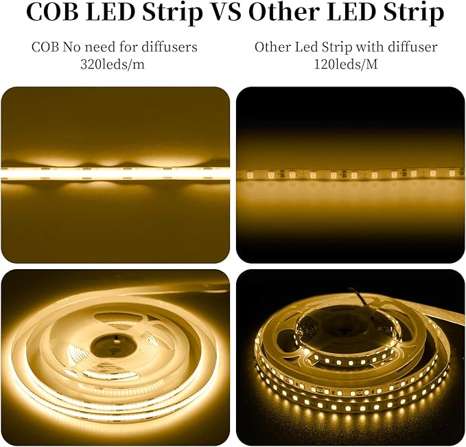 iNextStation 16.4FT 5M Warm White COB LED Strip Light, 3000K DC12V CRI 93+ Led Lights Strips, 1600LEDs Dimmable Strip Lights, Flexible LED Tape Lights for TV Backlight, Bedroom(with Plug)