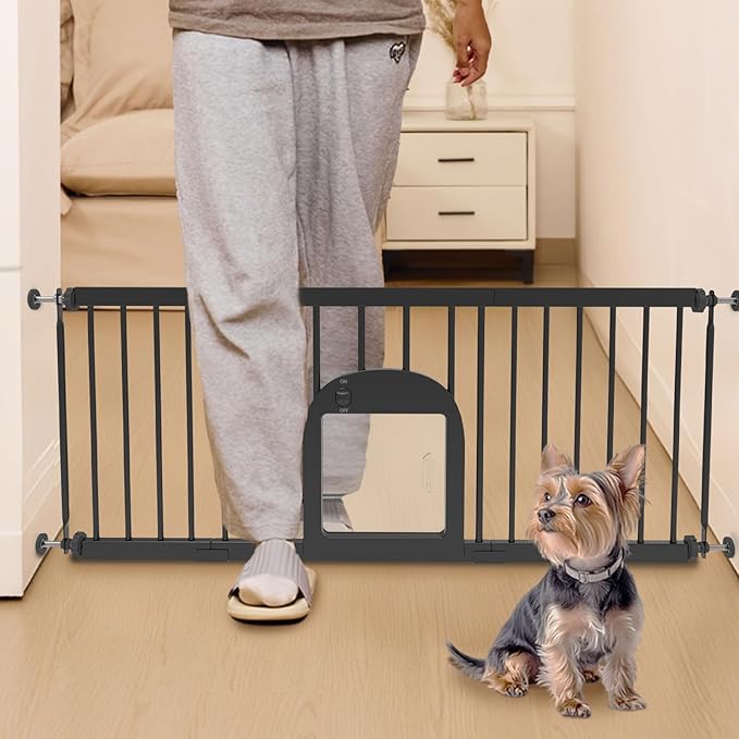 No Pawblems Dog Gate with Small Pet Door, 16"-42.7" Adjustable Metal Short Dog Gate to Step Over, 16.5" Tall, with 3 Extension Kits, Pressure Mounted, for Doorways & Stairs, Black