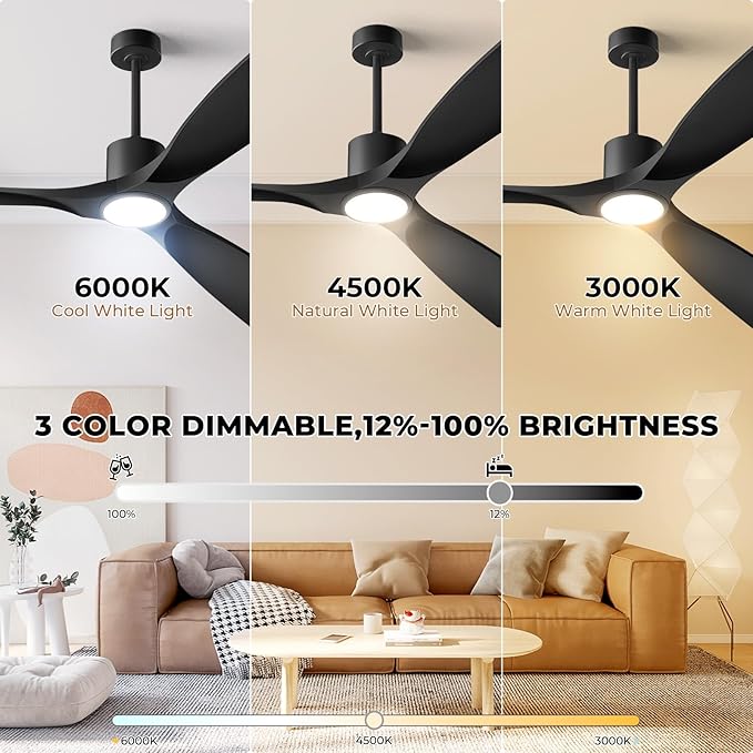 Modern Smart Ceiling Fan with Light and Remote Control, 52 inch Black 3 Blade for Bedroom, Living Room and Patios