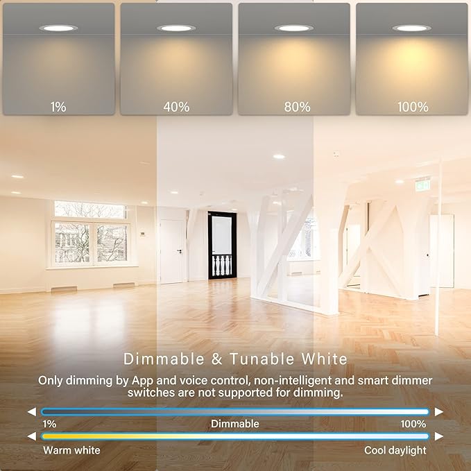 6 Inch LED Smart Slim Recessed Pot Light, WiFi APP & Voice Control, 120V, 13W, 1000LM, RGB + 2700K-6000K, ETL & FCC & IC Rated, Wet Location, Compatible with Alexa/Google Home, White - 1 Pack