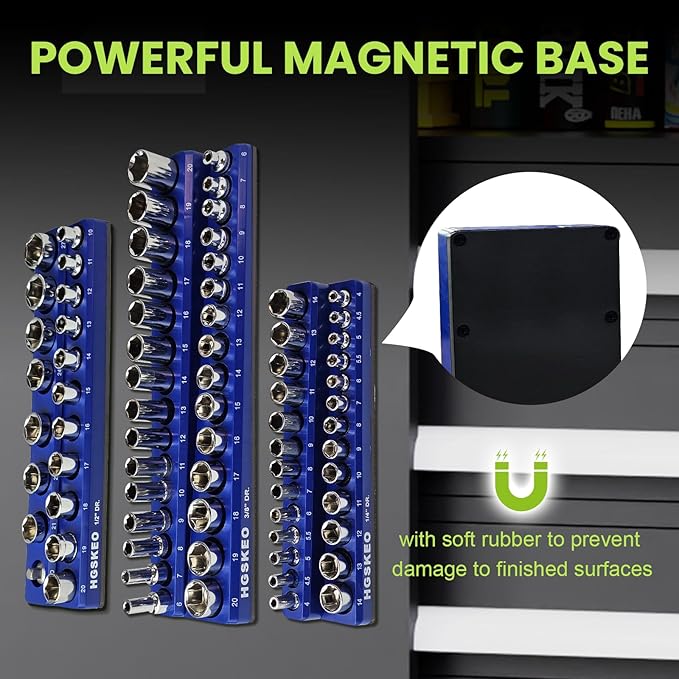 Magnetic Socket Organizer Set, 3 Pcs Blue Metric Socket Tray Set for 1/4", 3/8", and 1/2" Sizes Drive, Socket Holder Holds 75 Sockets for Tool Box