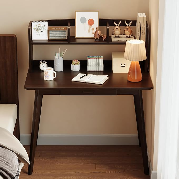 IOTXY Small Writing Desk with Hutch - 39.4" Work Computer Study Table | Black Walnut, Storage Drawer, Space-saving for Home and Office, with Bookshelves