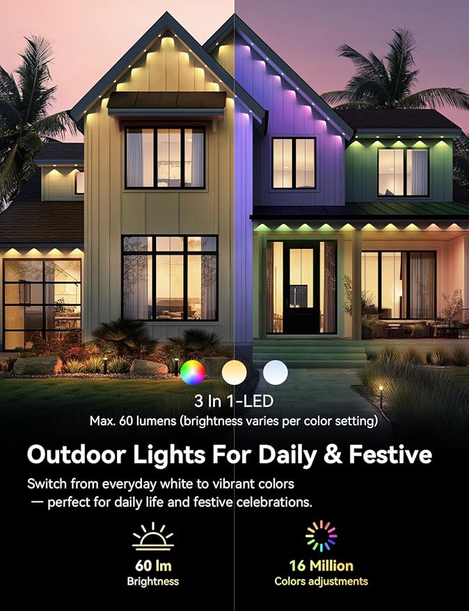 Permanent Outdoor Lights, 150ft RGB+IC Smart Outdoor Lights for House with 75 LED, IP67 Waterproof LED Light for Outdoor Decorations, Work with Remote, APP