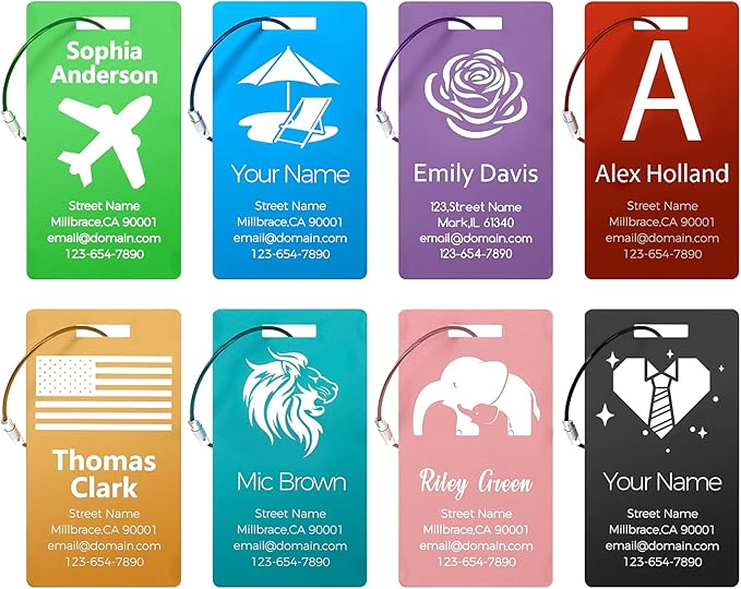 4 Pack Personalized Luggage Tags, Custom Engraved Aluminum Luggage Tags with Your Personalized Text, Waterproof Metal Name Tags with Steel Loop for Bags, Suitcase, Baggage, Backpack (Blue, Large)