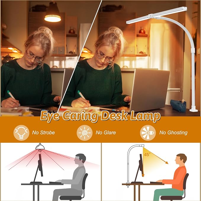 LED Desk Lamp with Clamp and Base, Dual Head Monitor Light | 24W Dimmable Eye-Caring Task Lamp with Timer, Anti-Glare Cover and Gooseneck for Home Office Dorm, Workbench and Study