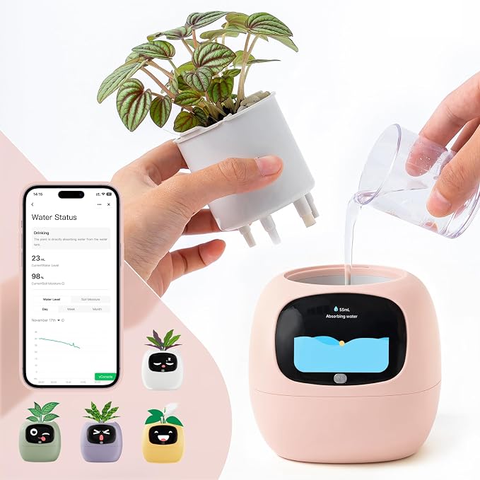 Smart Plant Pot with Visual Display – Soil Moisture, Water Level, Light & Battery Monitor, 80ml Self-Watering Reservoir, Supports 50+ Plants, Pomodoro Timer, Clock & Calendar (Blush)