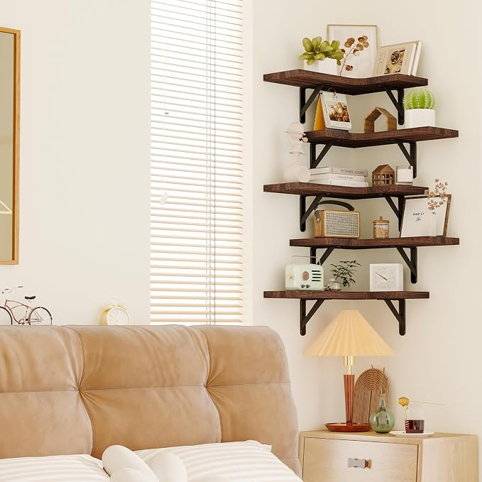 Fixwal Conner Shelves Wall Mounted for Decor, Walnut Brown Set of 5 | Solid wood shelf with metal brackets, holds 40 lbs. Optimizes corner storage. Fits bathroom, kitchen, bedroom & living room.