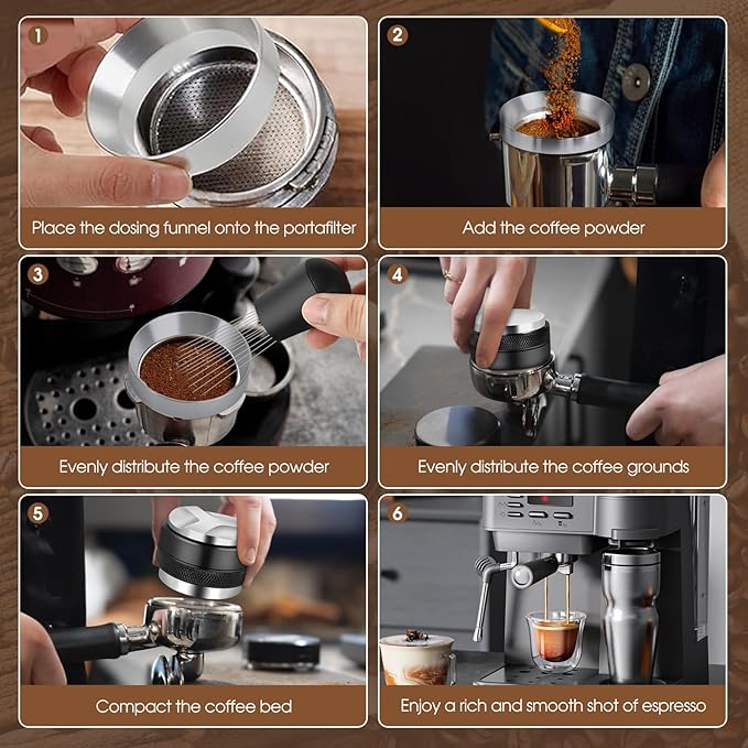 Reoszeank 51mm Espresso Accessories Kit, Coffee Distributor and Tamper Leveler, WDT Tool and Dosing Funnel Set Fits Delonghi 51 mm Espresso Machines and Portafilters