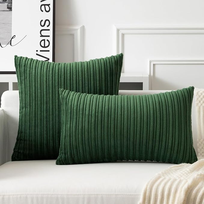 UGASA 12x20 Inch Lumbar Soft Throw Pillow Covers Striped Corduroy Decorative Both Sides Solid Rectangular Cushion Cases Boho Farmhouse for Couch Bedroom Sofa Home, Pack of 2, Christmas Green