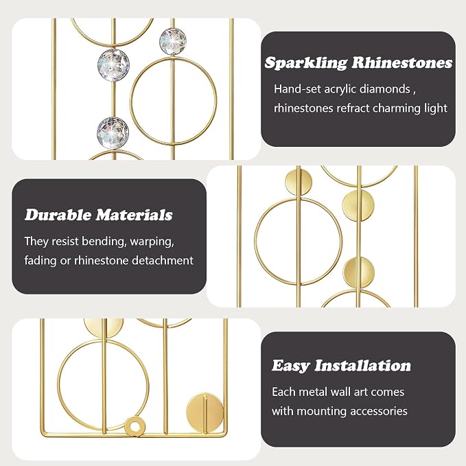 ZEXUIRU 2 Pcs Abstract Metal Art for Wall Decor Living Room Bedroom Bathroom Office Metal Bling Modern Geometric Hanging Vertical Small Iron Sculpture Plaque Pack -Gold 15.7in