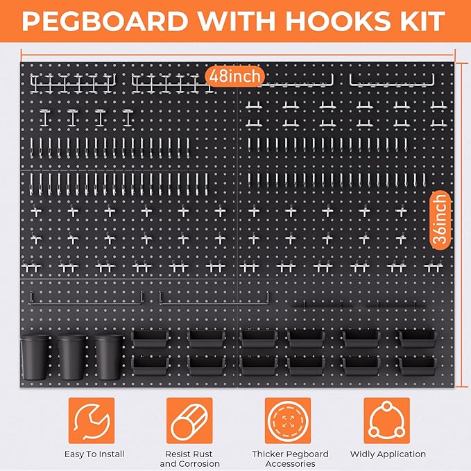 INCLY 48x36 Inch Metal Peg Board Kit with 1/4" Pegboard Hooks Accessories, 6PCS Peg Board Panels and 234PCS Black Pegboard Wall Organizer Tool Storage System for Garage Workbench Shed