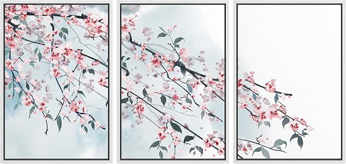 wall26 - 3 Panel Framed Canvas Wall Art - Ink Painting Style Pink Cherry Blossom on The Branch - Giclee Print Gallery Wrap Modern Home Art Ready to Hang - 16"x24"x3 White