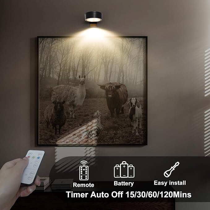 3-Pack Battery Operated Picture Light Magnetic Painting Light with 3 Lighting Modes,Remote and Dimmable Timer Art Display Light for Picture Artworking Frame Portrait,Wireless Wall Decor Puck Lights