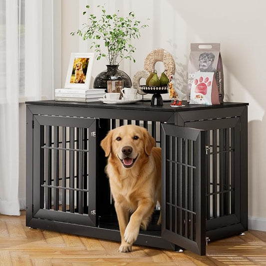 48" Heavy Duty Dog Crate Furniture for Small,Medium and Large Dogs,Rustic Wooden Dog Cage Kennel Indoor Furniture with Waterproof Top,Decorative Pet House Side End Table (Black)